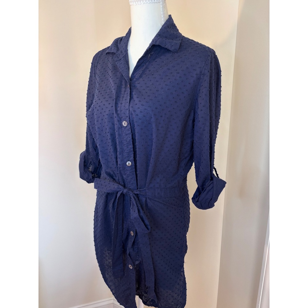 Tommy Bahama Navy Blue Clip Dot Cotton Shirt Dress Swim Cover Up Womens Small